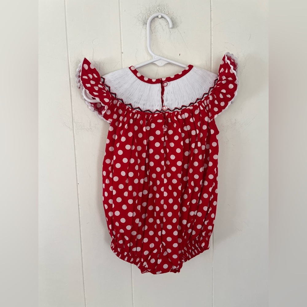 Pleats & Stitches Mouse Ears Smocked Romper Red Polka Dot Minnie Bubble 6 Months - Picture 10 of 15